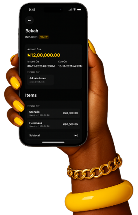 A happy black lady dressed in bright sunny yellow dress happily stretching her hands forward while holding a phone