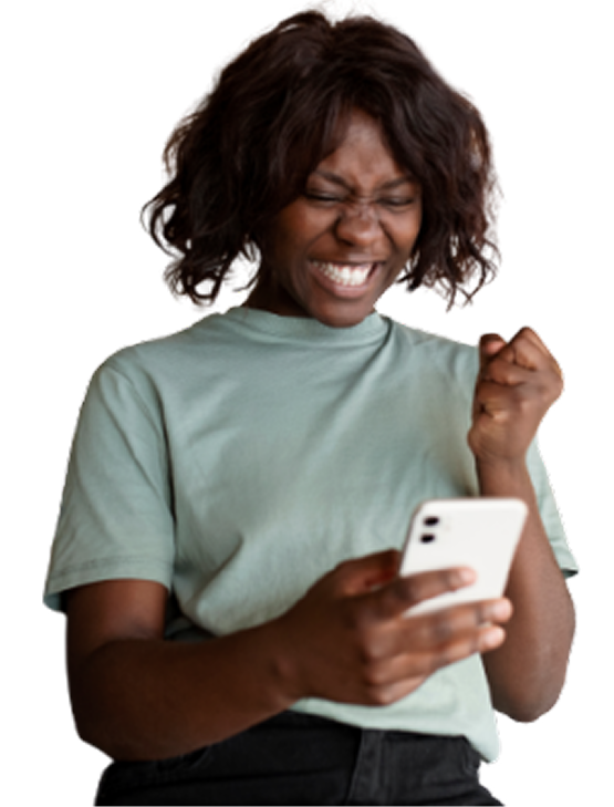 A happy black lady dressed in bright sunny yellow dress happily stretching her hands forward while holding a phone