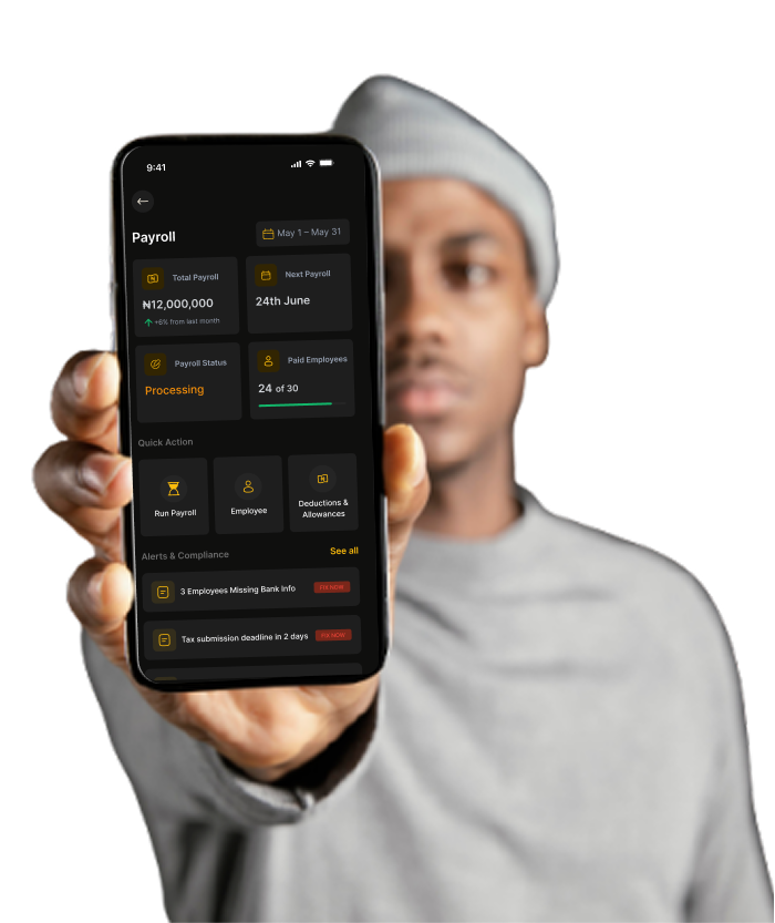 A happy black lady dressed in bright sunny yellow dress happily stretching her hands forward while holding a phone